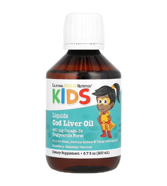 California Gold Nutrition, Norwegian Kids Cod Liver Oil, Natural Strawberry, 6.7 fl oz. (200 ml) in Pakistan